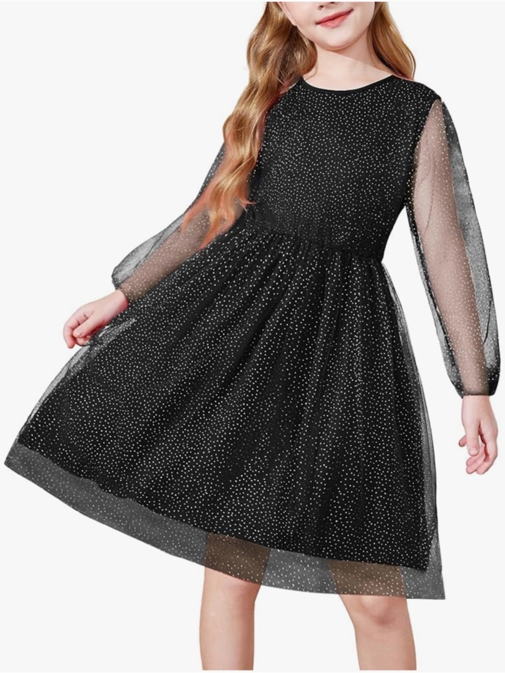 Arshiner Girls Mesh Long Sleeve Tulle Sparkle Glitter Polka Dot Dress